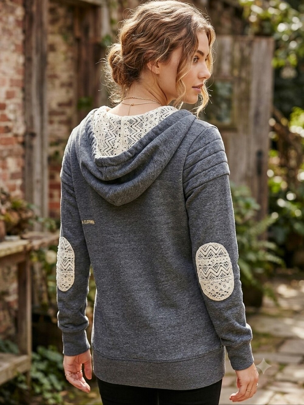 Picture Organic Grey Lace Patch Boho Hooded Sweatshirt Gorpcore